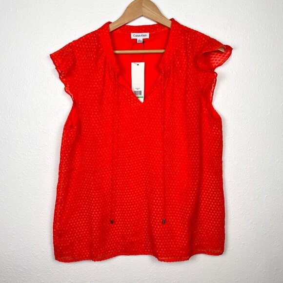 NWT Calvin Klein Work Wear Office Red Blouse With 3-D Swiss Dot Pattern Sz. L - Picture 2 of 9